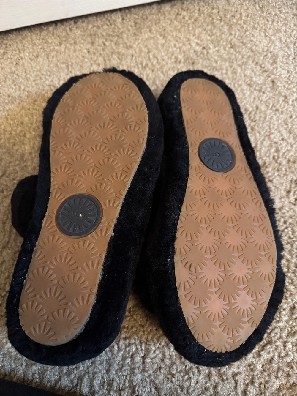 Ugg Black Faux Fur Slip-On Slippers with Rubber Sole - Picture 2 of 3